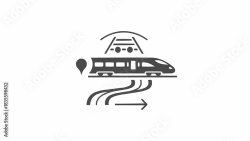 Modern high-speed train icon with location pin, signal, and tracks, representing advanced rail transport technology.