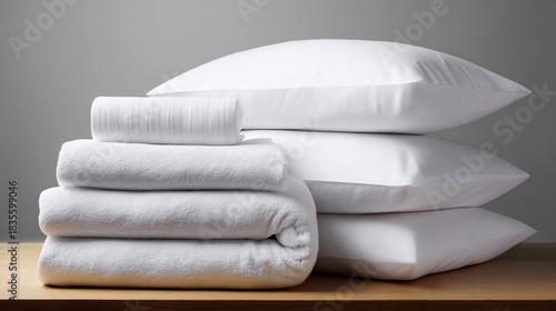 Clean white towels and pillows on a wooden surface in a simple space