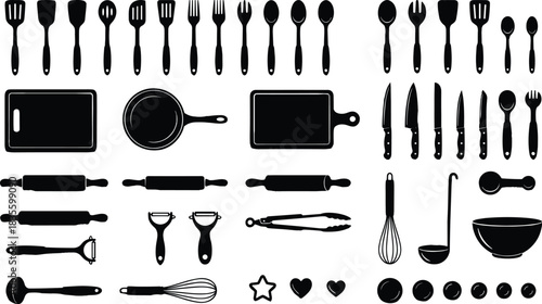 Comprehensive Silhouette Collection of Kitchen Utensils, Cookware, and Baking Tools Including Spatulas, Knives, Chopping Boards, and Whisks