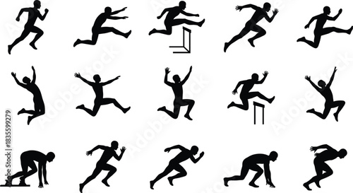 Dynamic Silhouette Collection of Track and Field Runners and Athletes in Motion, Depicting Running, Sprinting, Hurdling, and Long Jump Action Poses for Sports Design.
