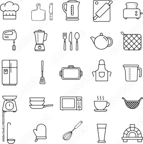 Collection of black and white line art icons representing various kitchen utensil and appliance objects