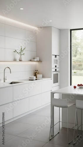 Minimalist white kitchen interior with modern appliances and natural light. Contemporary home design for spacious living.