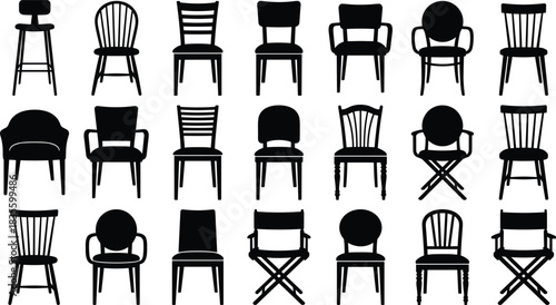 Extensive Vector Collection of Contemporary and Antique Chair Silhouettes, Featuring Stools, Armchairs, Dining, Office, and Folding Furniture for Interior Design Projects.