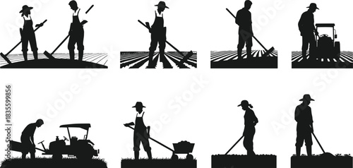 Farmer silhouette illustration set, agricultural activity icons, field work poses, rural labor vector, farming graphic design bundle