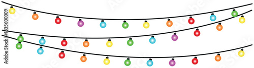 Three strands of colorful christmas lights hanging against a white background illustration style , glowing holiday lights garland bulbs, twinkling fairy lights glow