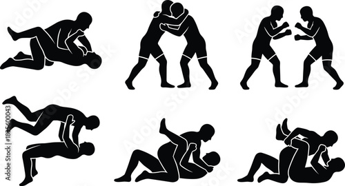 Set of Combat Sport Black Silhouette Vectors Featuring Mixed Martial Arts, Wrestling, and Boxing Poses, Isolated Graphic Icon Bundle.