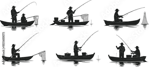 Fishing silhouette illustration set, anglers in action, boat and shore poses, outdoor activity vector, hobby graphic design bundle