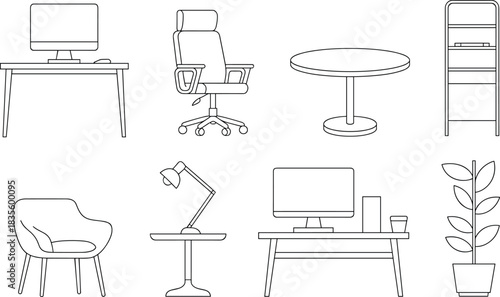 Office furniture line art illustration set with desk, chair, computer, table, lamp, shelf, indoor plant elements, flat vector illustration
