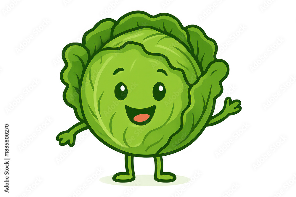 Fototapeta premium Cheerful cabbage mascot cartoon waving hello, representing healthy eating, organic food, and happy vegan lifestyle with a transparent background