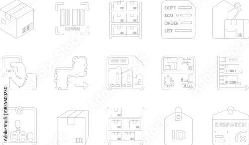 Warehouse logistics icons set, inventory management symbols, barcode scanning elements, order processing signs, supply chain operations graphics, flat vector illustration