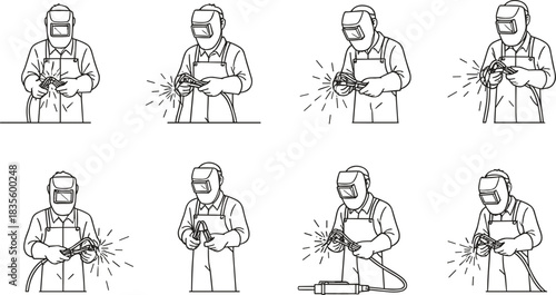 Black and white line art vector collection of industrial welders wearing helmets, working with welding torches, illustrating manufacturing and construction industry labor.