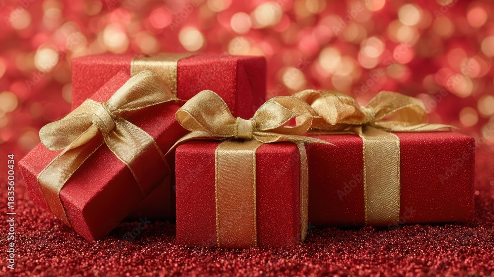 Obraz premium Festive arrangement of red gifts with gold ribbons, ideal for holiday celebrations representing love, joy, and giving