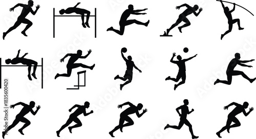 Silhouette Collection of Track and Field Athletics, Runners, and Sportsmen in Action Poses, Including Running, Jumping, High Jump, Hurdling, Pole Vault, Basketball, and Volleyball Players.