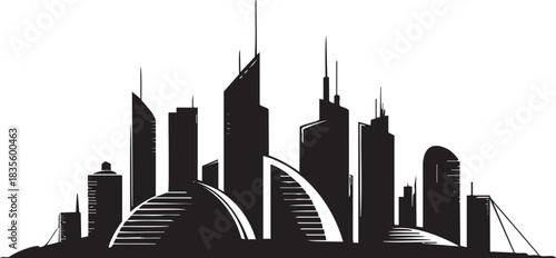 Abstract city skyline illustration with various buildings in black silhouette