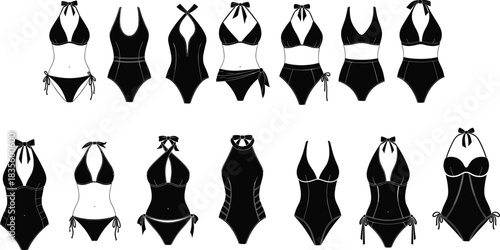 Women's Swimwear and Bikini Collection Set Vector Illustration, Fashion Flats Template with Halter Neck, One-Piece, and Two-Piece Styles for Beach Design,