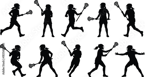Silhouette Collection of Young Female Lacrosse Players in Dynamic Action Poses, Ready to Compete and Win the Sporting Event