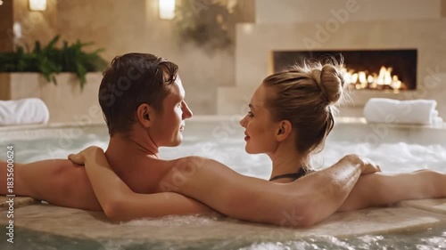 Romantic couple enjoying a relaxing moment in a luxurious hot tub at a serene spa retreat