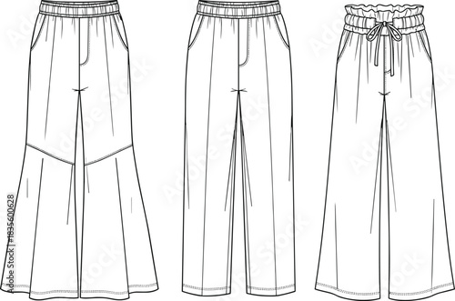 Women's Fashion Flats Sketch Vector Illustration Collection of Elastic Waist Trousers, Palazzos, and Wide Leg Pants with Front Pintuck Detail,
