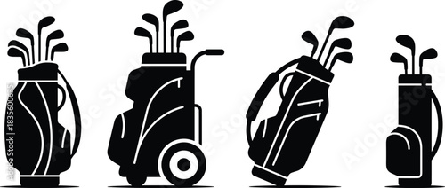 Silhouette Set of Golf Bags, Carts, and Clubs in Four Dynamic Views, Perfect for Representing Tournaments, Leisure Sports, and Equipment