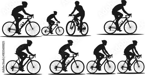 Cyclist silhouette illustration set, biking activity icons, adult and child rider poses, transport vector, cycling graphic design bundle