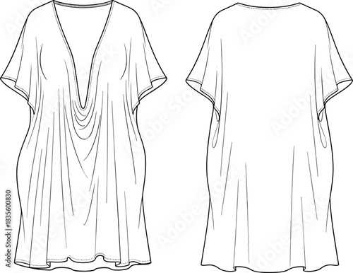 Technical fashion illustration of loose-fit women’s tunic with draped V-neckline, short sleeves, and back view for pattern design.
