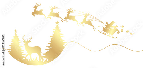 vector illustration of a Santa Claus sleigh with christmas tree and deers