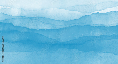 Abstract watercolor background in various shades of blue creating a layered, flowing, and serene horizontal texture reminiscent of gentle waves or misty mountain ranges, perfect for a calming design e