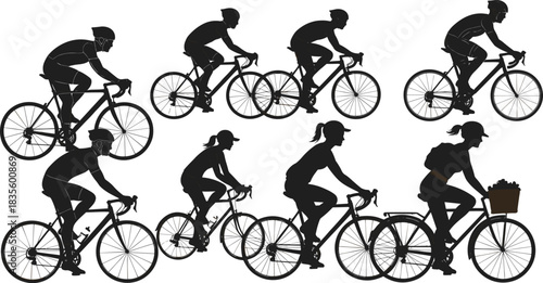 Cyclist silhouette illustration set, biking activity icons, casual and racing poses, commute vector, bicycle rider graphic design bundle