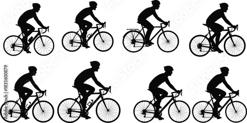 Cyclist silhouette illustration set, bicycle type comparison, riding posture icons, transport vector, casual and commuter graphic design bundle