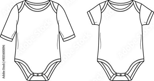 Technical Fashion Sketch Set of Baby Bodysuits with Short and Three-Quarter Raglan Sleeves, Snap Closure, Front and Back CAD Template.