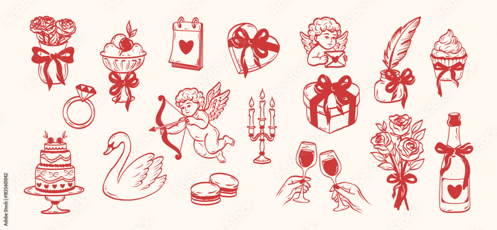 Fototapeta premium Line art elements for Valentine's day, wedding invitation, birthday card.Cute girly bows,hearts, ribbons, champagne, desserts, angel. Vintage elegant vector illustration.