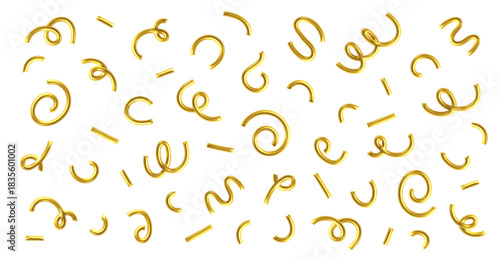 3d golden line confetti set. Squiggle, spiral, wavy doodle shape, yellow line element. 3d balloon confetti pattern. Doodle kid party decoration. Vector illustration for New Year, Christmas design
