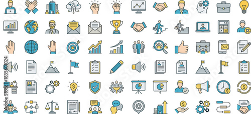 Vector Icon Set of Business and Office Concepts including Strategy, Finance, Teamwork, and Administration, Flat Line Art Design Elements.