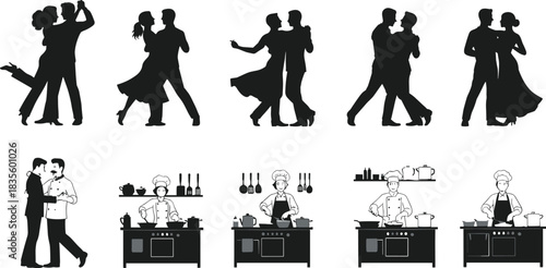 Dancing couples and chefs silhouette set, romantic poses, cooking activity icons, lifestyle vector illustration, love and culinary graphic bundle