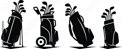 Vector Silhouette Collection of Golf Bags and Clubs Featuring Various Styles of Caddy Bags, Trolleys, and Full Sets of Drivers and Irons