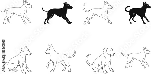 Dog silhouette illustration set, standing and sitting poses, breed posture icons, pet gesture vector, canine graphic design bundle