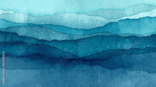 Abstract watercolor background in various shades of blue, creating layered, flowing horizontal bands reminiscent of ocean waves or distant mountain ranges with a serene, calming texture
