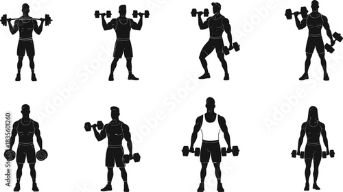 Dumbbell workout silhouette set, strength training poses, fitness motion icons, vector bundle, graphic bodybuilding exercise design pack
