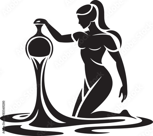Black and White Aquarius Zodiac Sign Vector Silhouette Illustration