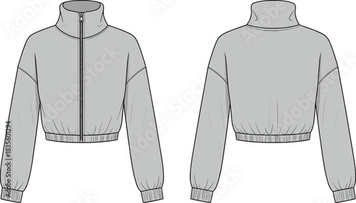 Women's Technical Fashion Flat of High-Neck Cropped Pullover Track Jacket with Zipper, Ribbed Cuff, and Hem, Front and Back CAD Template.