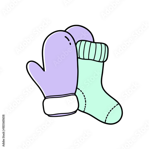 Colorful mittens and socks in simple graphic design  