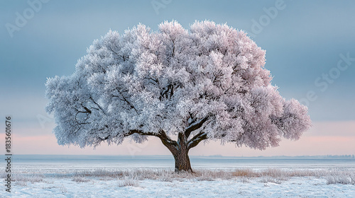 Winter landscape with a frosted tree standing in a snowy field