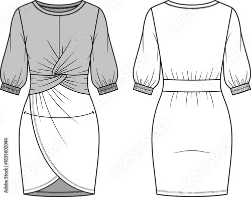 Women's Technical Fashion Flat of Three-Quarter Sleeve Knot-Front Knit Dress with Overlapped Tulip Mini Skirt, Front and Back CAD Drawing.