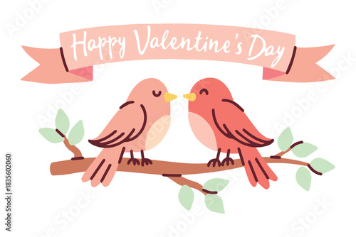 Two lovebirds sitting on a tree branch under a pink ribbon with holiday text. Romantic nature scene suitable for Valentine's Day greeting cards and headers.