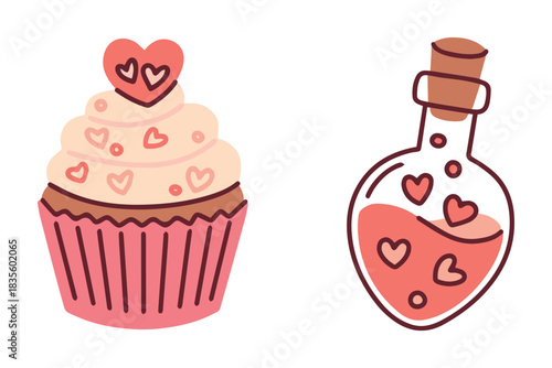 Romantic design elements featuring a heart-decorated muffin and a glass bottle of love elixir. Sweet treats and magic symbols for Valentine's Day projects.