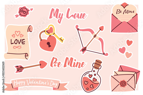 Collection of Valentine's Day icons including a magic elixir, heart padlock, scroll, and envelopes. Decorative elements for scrapbooking and holiday planners.