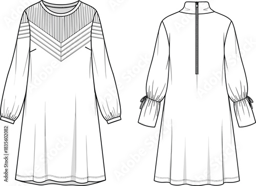 Women's Technical Fashion Flat of Three-Quarter Sleeve Knot-Front Dress with Shirring at Waist and Fitted Mini Skirt, CAD Template.