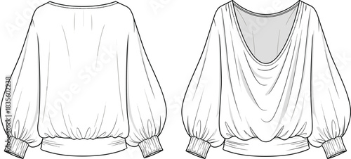 Women's Technical Fashion Sketch of Long Sleeve Tunic Dress with Chevron Pin Tucks Yoke and Stand Collar Zipper Back, CAD Template.