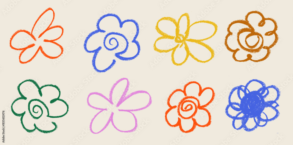 Fototapeta premium Hippie Flowers Crayon Chalk Drawing Doodle Vector Set