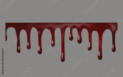 Red blood dripping down on neutral gray surface. Bloody halloween element design
